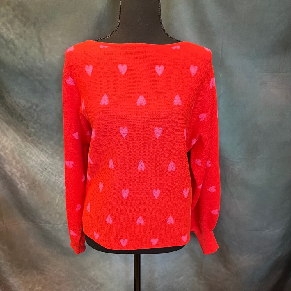 Staccato Red Pink Heart Print Long Sleeve Boat Neck Sweater Top Women's Medium